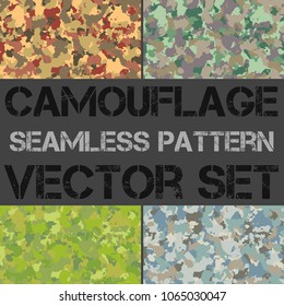 Seamless pattern set of colorful camouflage. Military camo texture, clothing while hunting illustration. Army design style background for textile or print.