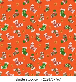 Seamless pattern. A set of colorful Christmas socks for gifts. Merry Christmas and Happy new year 2023. Vector illustration