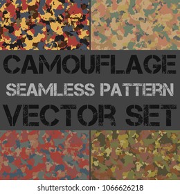 Seamless pattern set of colorful desert camouflage. Military camo texture, khaki clothing while hunting illustration. Army design style background for textile or print.