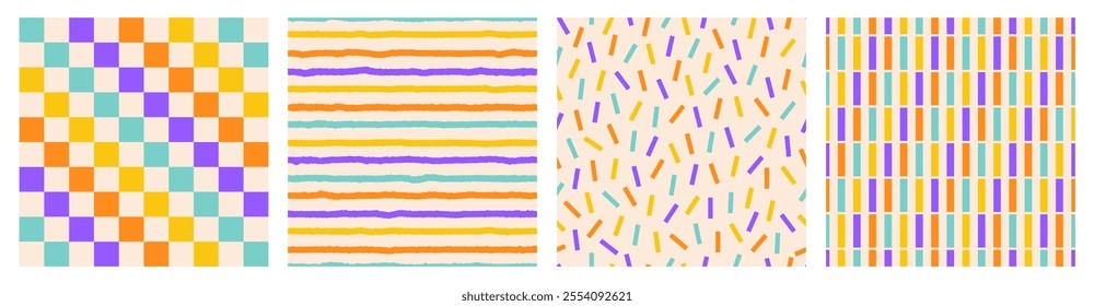 Seamless pattern set of colorful hand drawn lines, strip, confetti. Trendy design with abstract shapes, chessboard, simple and playful doodle wallpaper print