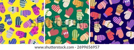 seamless pattern set colorful knitted winter mittens scandinavian style christmas ornaments bright yellow green dark blue background textile wallpaper