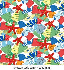seamless pattern from set of colorful seashells 