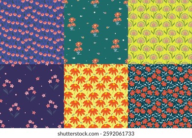 Seamless pattern set with colorful spring fields. Blooming flowers Easter seamless background