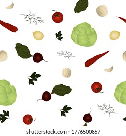 Seamless pattern with a set of colorful vegetables from carrots, cabbage, beets, peas, onions, tomatoes, garlic, parsley and dill. Design for wallpaper, background, fabric, textile, cafe, restaurant, 