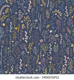 Seamless pattern. Set of colorful wild plants on blue background