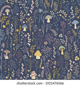 Seamless pattern. Set of colorful wild plants and fungus on blue background