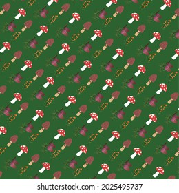 Seamless pattern. Set of colorful wild plants and fungus on green background