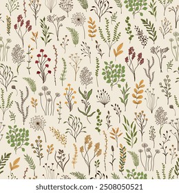 Seamless pattern. Set of colorful wild plants.