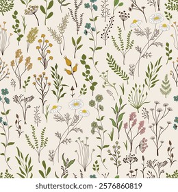 Seamless pattern. Set of colorful wild plants.