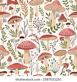 Seamless pattern. Set of colorful wild plants and cute fungus on white background