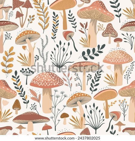 Seamless pattern. Set of colorful wild plants and cute fungus on white background