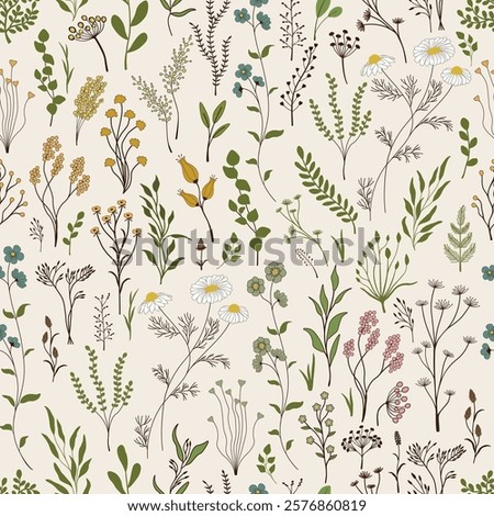 Seamless pattern. Set of colorful wild plants.