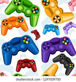 Seamless pattern. Set of colorful wireless game pads. Video game controller. Gamepad for PC or Console gaming. Flat vector illustration on white background.