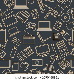 Seamless pattern from a set of computer and gadget icons of thin lines, vector illustration.