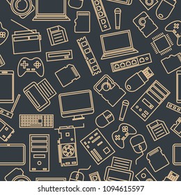 Seamless pattern from a set of computer and gadget icons of thin lines, vector illustration.