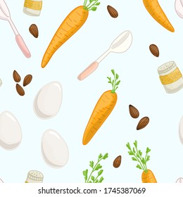 Seamless pattern set of cooking items, all for carrot cake. Flat illustration in cartoon style. Elements for the design of textiles, cards, t-shirts.