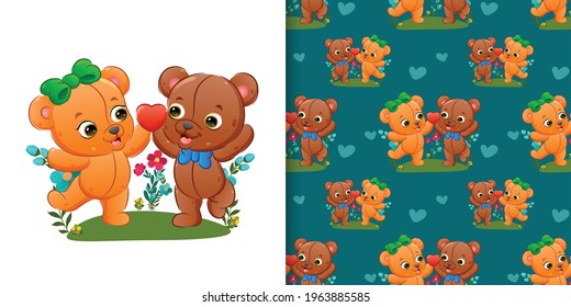 The seamless pattern set of the couple teddy bear are playing together in the garden of illustration