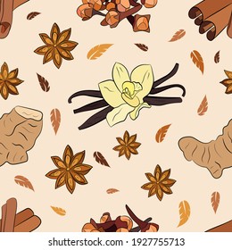 Seamless pattern with a set of culinary spices and herbs. Popular culinary plants, natural health care. Vintage Medicinal Herbs and plants. Vanilla and cinnamon, cloves and star anise, ginger. 