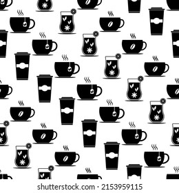 Seamless pattern with set cups. Black flat icon cup hot drink on white background. Icon coffee, tea. Modern design for print on fabric, wrapping paper, wallpaper, packaging. Vector illustration