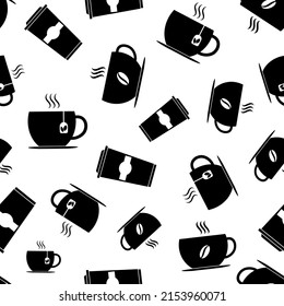Seamless pattern with set cups. Black flat icon cup hot drink on white background. Icon coffee, tea. Modern design for print on fabric, wrapping paper, wallpaper, packaging. Vector illustration
