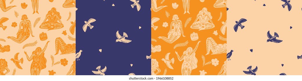 Seamless pattern set. Curvy women, flowers and birds. Collection for fabric, package, wallpapers, branding. Body positive feminist concept. Blue and yellow colors. Natural beauty. Harmony of body. 