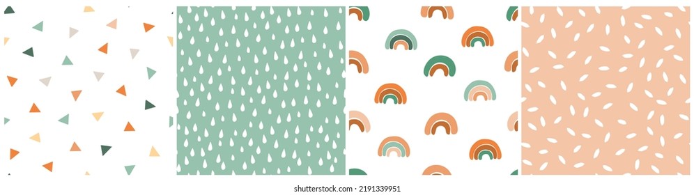 Seamless pattern set with cute baby print. Abstract minimalistic rainbows, drops, simple geometric shapes. Vector graphics.