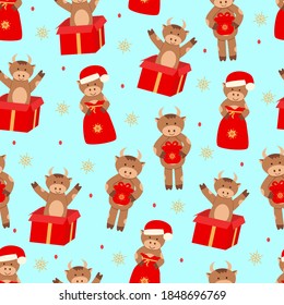 Seamless pattern of set of cute Christmas bulls, a symbol of the Chinese new year.