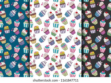 Seamless pattern set with cute cupcakes.  Colorful girly decor repeat background. Vector illustration.