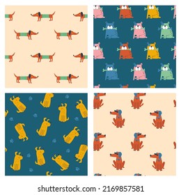 Seamless pattern set with cute dogs. Vector illustrations