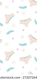 Conjunto de patrón sin fisuras de lindas bragas de algodón femenino con puntos y Elementos florales sobre fondo blanco.