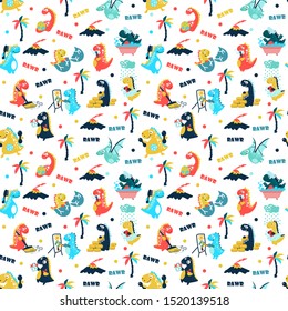 Seamless pattern of the Set of cute funny dinosaurs. Cartoon