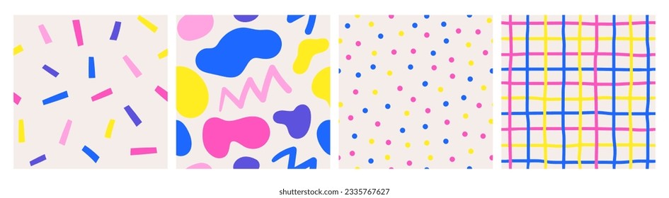 Seamless pattern set. Cute hand drawn doodle abstract patterns collection with colorful shapes, dots, lines, plaid. Simple creative wallpaper, cover, page, print for kids in trendy funny style