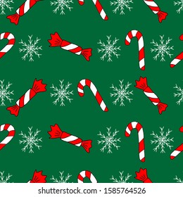 Seamless pattern, set of cute hand-drawn red and white sweets, candies and white snowflakes on green background. Winter, christmas background. Use for print, cards, invitations, postcards.