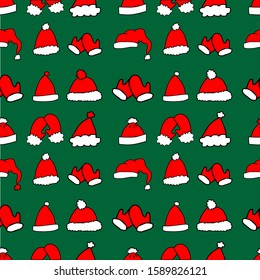 Seamless pattern, set of cute hand-drawn red and white hats and mittens on green background. Winter background. Use for print, cards, invitations, postcards.