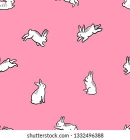 Seamless pattern. Set of cute little Easter bunnies. Isolated on a pink background. Hand drawn illustration. Happy easter!