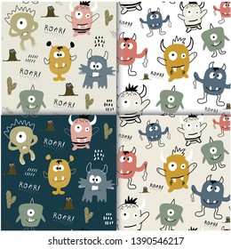 seamless pattern set with cute monsters . childish vector illustration.
