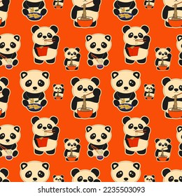 Seamless pattern with set of Cute pandas eating dim sum doodle. Traditional Chinese dumplings. Illustration of the Kawaii Asian food vector.