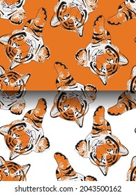 Seamless pattern set with cute tiger head on orange and white background. Chinese new year 2022 animal symbol. Fashionable fabric design, wrapping, textile print. Vector illustration