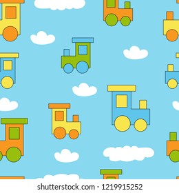 Seamless pattern with set cute train. Background with transport for kids clothes. Wallpaper or carpet for children room. Birthday decor. Cover paper. Vector illustration.
