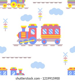 Seamless pattern with set cute trains and cars . Background with transport for kids clothes. Wallpaper or carpet for children room. Birthday decor. Cover paper. Vector illustration.