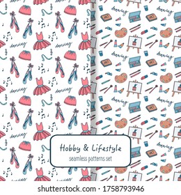 Seamless pattern set with dancing and drawing elements. Hand lettering text. Vector illustration with tutu skirt, pointes, watercolour, palette, brushes and pencils.