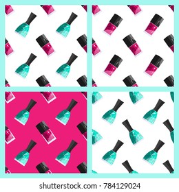 Seamless pattern with set of decorative stylized nail polish. Flat style. Top view. 