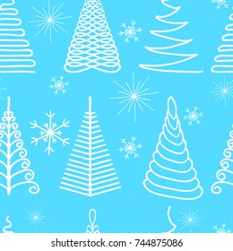 .Seamless pattern. A set of decorative trees. Winter symbols. Hand drawn. Color vector illustration, blue color.