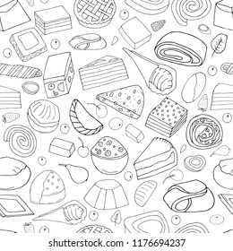Seamless pattern from  set of desserts.Cakes, sweet rolls and pies, biscuits and berries.hand drawn vector illustration.doodles or cartoon style.