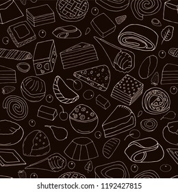 Seamless pattern from  set of desserts.Cakes, sweet rolls and pies, biscuits and berries.hand drawn vector illustration.doodles or cartoon style.
