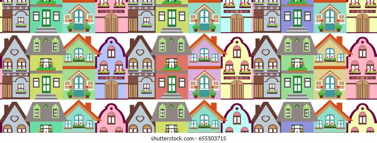 Seamless pattern Set of detailed colorful houses. Vector illustration