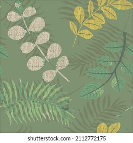 Seamless pattern set of a lot of different blue and green tropical exotic leaves, on green background. Tropical leaves set. Elements on the white background. Vector illustration