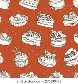 seamless pattern set of different cakes and desserts with cream, berries and fruit. hand drawn vector illustration