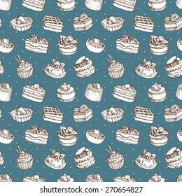 seamless pattern set of different cakes and desserts with cream, berries and fruit. hand drawn vector illustration