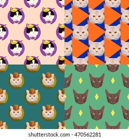 Seamless pattern set with different cat portraits, vector illustration